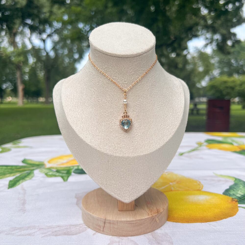 Aquamarine Heart Crystal Glass Crown Pearl Casual Cute Dainty Ice Blue Necklace
